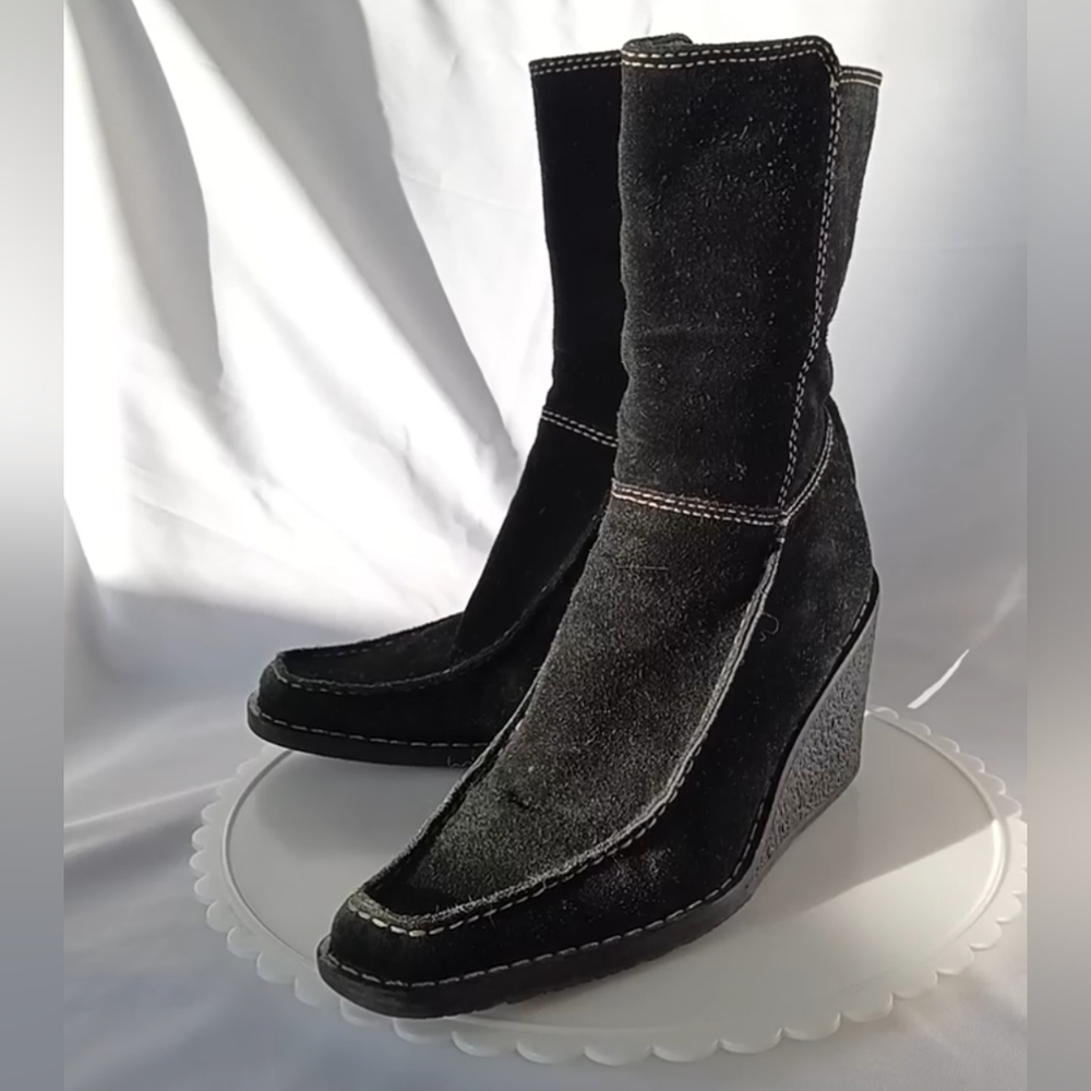 [7B] STEVE MADDEN Platform Black Suede Wedge Mid Calf Vintage Boots